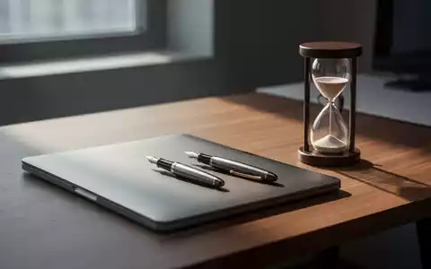 Minimalistischer Arbeitsplatz mit Notizbuch und Sanduhr als Symbol für konzentriertes Arbeiten und Fokus. - Foto: über boerse-global.de
