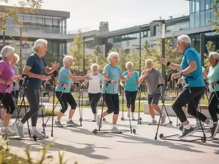 Aktive Senioren bei einer Bewegungsübung im Freien zur Förderung von Mobilität und Gesundheit. - Foto: über boerse-global.de