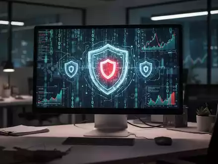 Ein beleuchteter Computerbildschirm mit abstraktem Binärcode und Sicherheitssymbolen zur Darstellung von Cyberkriminalität. - Foto: über boerse-global.de