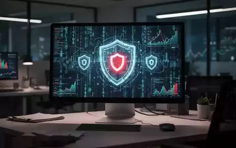 Ein beleuchteter Computerbildschirm mit abstraktem Binärcode und Sicherheitssymbolen zur Darstellung von Cyberkriminalität. - Foto: über boerse-global.de