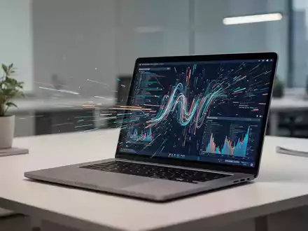 Moderner, minimalistischer Büroarbeitsplatz mit einem Laptop, auf dem abstrakte Datenströme zu sehen sind. - Foto: über boerse-global.de