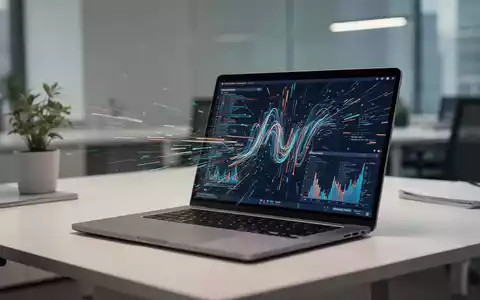 Moderner, minimalistischer Büroarbeitsplatz mit einem Laptop, auf dem abstrakte Datenströme zu sehen sind. - Foto: über boerse-global.de