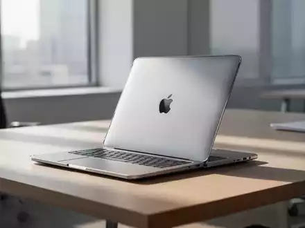 Ein silbernes MacBook Air auf einem minimalistischen Schreibtisch in einem hellen Büro. - Foto: über boerse-global.de