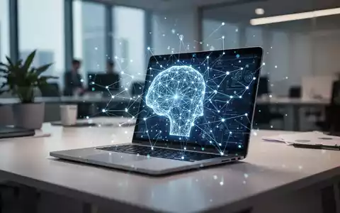 Modernes Büro mit Laptop und digitaler Netzwerkgrafik als Symbol für den Wandel der Arbeitswelt durch KI. - Foto: über boerse-global.de