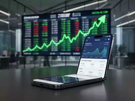 Ein moderner Arbeitsplatz mit Finanzdaten auf einem Smartphone vor einem unscharfen Börsenticker mit steigenden Kursen. - Foto: über boerse-global.de