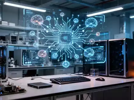 Digitale Benutzeroberfläche mit komplexen Schaltplänen und KI-Netzwerkknoten in einem modernen Halbleiter-Entwicklungslabor. - Foto: über boerse-global.de
