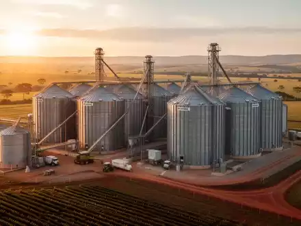 Moderne Getreidesilos in einer weitläufigen Agrarlandschaft bei Sonnenuntergang. - Foto: über boerse-global.de