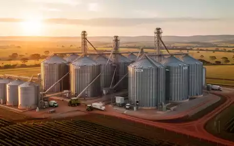 Moderne Getreidesilos in einer weitläufigen Agrarlandschaft bei Sonnenuntergang. - Foto: über boerse-global.de