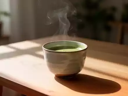 Eine dampfende Tasse grüner Tee auf einem Holztisch in einer hellen, minimalistischen Umgebung. - Foto: über boerse-global.de