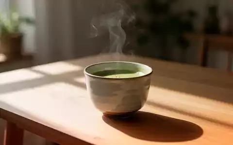 Eine dampfende Tasse grüner Tee auf einem Holztisch in einer hellen, minimalistischen Umgebung. - Foto: über boerse-global.de