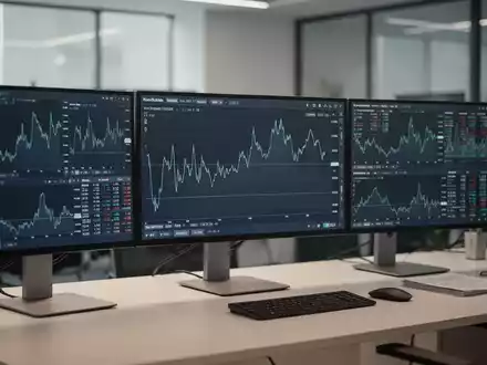 Moderne Handelsbildschirme mit flachen, stagnierenden Börsencharts in einem professionellen Büro. - Foto: über boerse-global.de