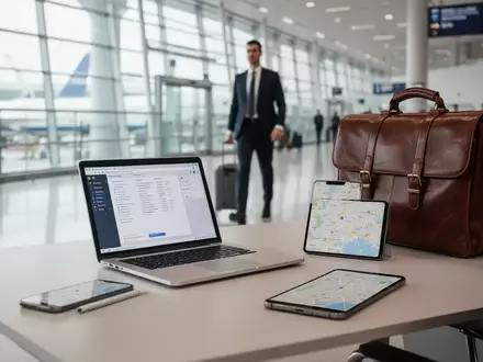 Ein moderner Schreibtisch mit Laptop und Aktentasche vor einem verschwommenen Hintergrund eines Flughafenterminals. - Foto: über boerse-global.de