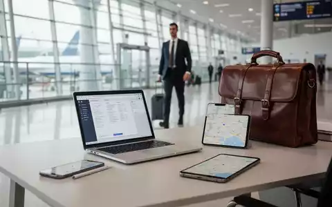 Ein moderner Schreibtisch mit Laptop und Aktentasche vor einem verschwommenen Hintergrund eines Flughafenterminals. - Foto: über boerse-global.de