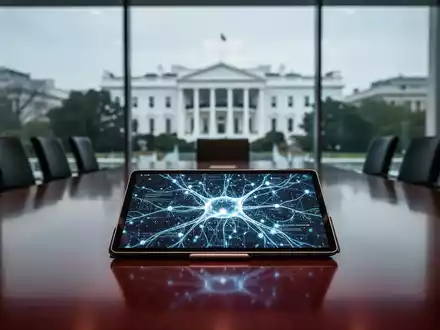 Ein Konferenztisch mit einem Tablet, das abstrakte KI-Datenvisualisierungen zeigt, im Hintergrund das Weiße Haus. - Foto: über boerse-global.de