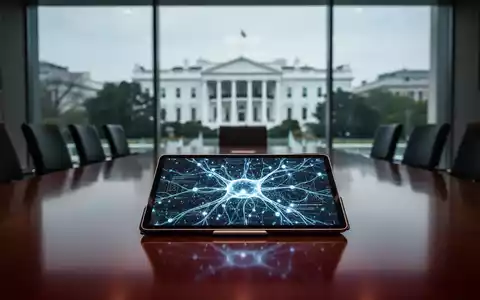 Ein Konferenztisch mit einem Tablet, das abstrakte KI-Datenvisualisierungen zeigt, im Hintergrund das Weiße Haus. - Foto: über boerse-global.de