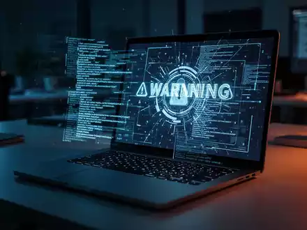 Ein beleuchteter Laptop in einem dunklen Büro, der abstrakten digitalen Code anzeigt und vor Cyber-Angriffen warnt. - Foto: über boerse-global.de
