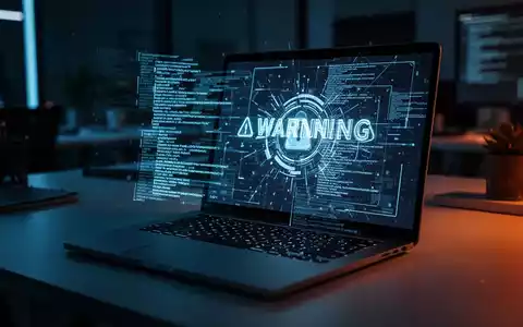 Ein beleuchteter Laptop in einem dunklen Büro, der abstrakten digitalen Code anzeigt und vor Cyber-Angriffen warnt. - Foto: über boerse-global.de