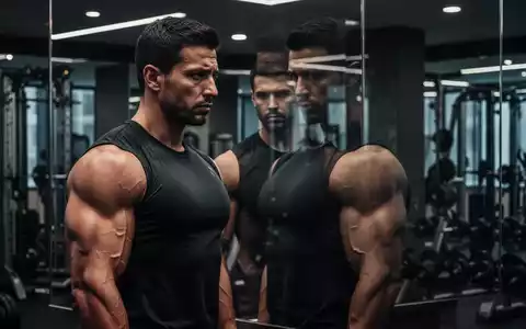 Ein nachdenklicher Mann in einem modernen Fitnessstudio, der sein Spiegelbild betrachtet, als Symbol für Körperbildstörungen. - Foto: über boerse-global.de