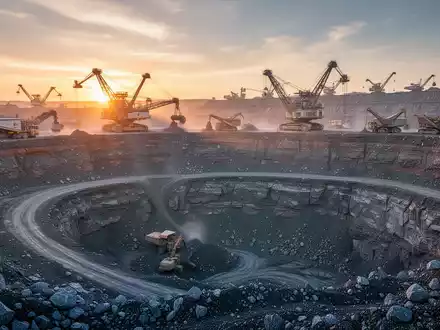 Ein industrieller Tagebau mit schwerem Gerät bei Sonnenaufgang, der die Rohstoffgewinnung symbolisiert. - Foto: über boerse-global.de