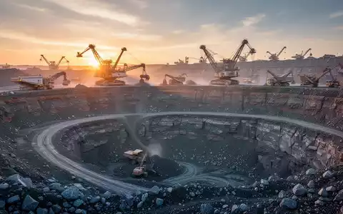Ein industrieller Tagebau mit schwerem Gerät bei Sonnenaufgang, der die Rohstoffgewinnung symbolisiert. - Foto: über boerse-global.de