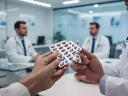 Ärztliche Hand hält Medikamentenpackung in einer modernen Klinik, symbolisch für die medikamentöse Therapie. - Foto: über boerse-global.de
