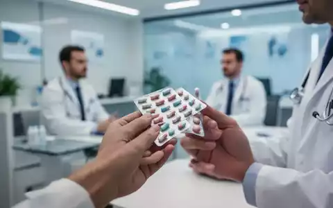Ärztliche Hand hält Medikamentenpackung in einer modernen Klinik, symbolisch für die medikamentöse Therapie. - Foto: über boerse-global.de