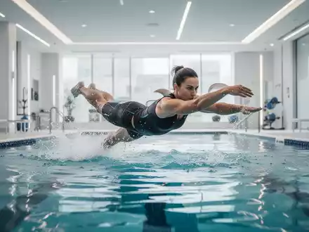Eine Person führt bei hellem Licht in einem modernen Schwimmbad Aquafitness-Übungen zur gesundheitlichen Prävention aus. - Foto: über boerse-global.de