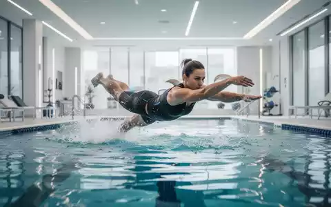 Eine Person fĂŒhrt bei hellem Licht in einem modernen Schwimmbad Aquafitness-Ăbungen zur gesundheitlichen PrĂ€vention aus. - Foto: ĂŒber boerse-global.de