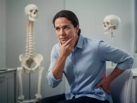 Ein Patient in einer medizinischen Beratung, der sich an Kiefer und Rücken fasst, um Schmerzsyndrome zu symbolisieren. - Foto: über boerse-global.de