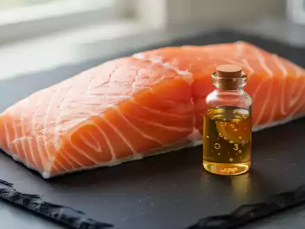 Frisches Lachsfilet und ein Fläschchen mit Omega-3-Öl auf dunklem Untergrund als Symbol für gesunde Ernährung im Alter. - Foto: über boerse-global.de