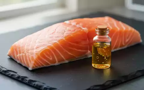 Frisches Lachsfilet und ein Fläschchen mit Omega-3-Öl auf dunklem Untergrund als Symbol für gesunde Ernährung im Alter. - Foto: über boerse-global.de