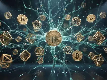 Abstrakte Darstellung eines digitalen neuronalen Netzwerks, das mit leuchtenden Blockchain-Knoten und Kryptosymbolen verschmilzt. - Foto: über boerse-global.de