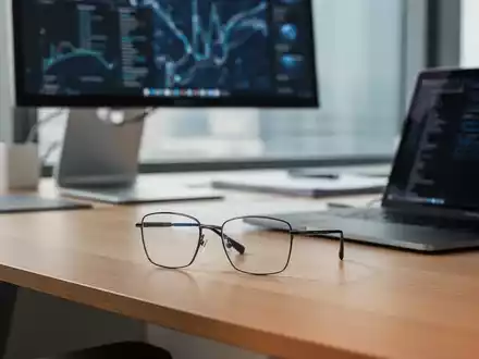 Eine hochwertige Brille auf einem modernen Schreibtisch vor einem Computerbildschirm in einem hellen Büro. - Foto: über boerse-global.de