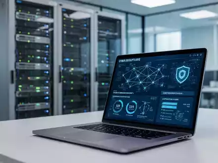 Ein moderner Arbeitsplatz mit Laptop, auf dem IT-Sicherheitsdiagramme und Compliance-Dashboards zu sehen sind. - Foto: über boerse-global.de