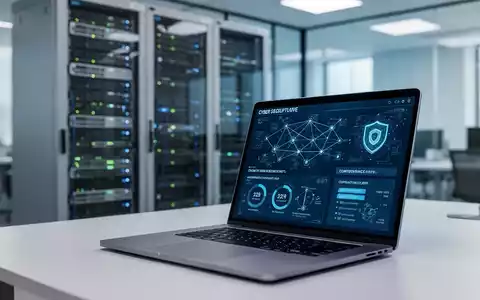 Ein moderner Arbeitsplatz mit Laptop, auf dem IT-Sicherheitsdiagramme und Compliance-Dashboards zu sehen sind. - Foto: über boerse-global.de