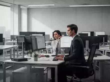 Ein konzentrierter Mitarbeiter an einem modernen Büroarbeitsplatz in einem Büro mit unbesetzten Schreibtischen. - Foto: über boerse-global.de