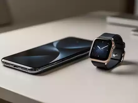 Ein hochwertiges Smartphone und eine Smartwatch elegant auf einer sauberen, modernen Schreibtischoberfläche arrangiert. - Foto: über boerse-global.de