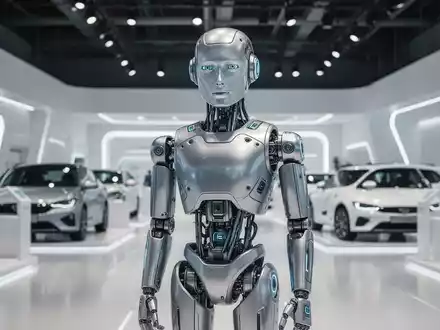 Ein hochmoderner humanoider Roboter steht in einem modernen Autohaus und repräsentiert die Zukunft der Robotik. - Foto: über boerse-global.de