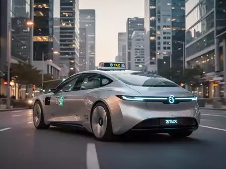 Ein futuristisches autonomes Robotaxi fährt bei Dämmerung durch eine moderne Stadtstraße. - Foto: über boerse-global.de