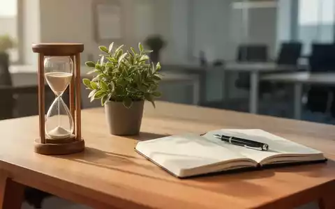 Eine Sanduhr und eine Pflanze auf einem Schreibtisch als Symbol für die Balance zwischen Produktivität und Entschleunigung. - Foto: über boerse-global.de