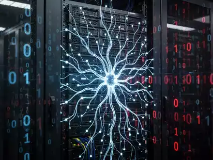 Digitale Darstellung von Cyber-Sicherheit mit glühenden Netzwerkmustern und binärem Code vor einem Serverraum. - Foto: über boerse-global.de