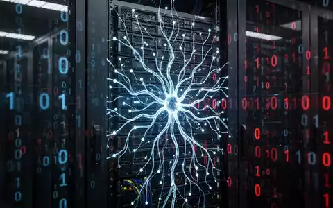 Digitale Darstellung von Cyber-Sicherheit mit glühenden Netzwerkmustern und binärem Code vor einem Serverraum. - Foto: über boerse-global.de