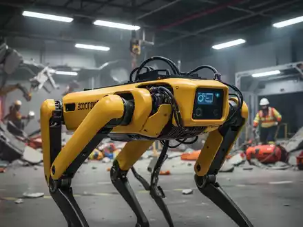 Ein gelber Boston Dynamics Spot Roboter in einer professionellen Katastrophenschutz-Trainingsumgebung. - Foto: über boerse-global.de