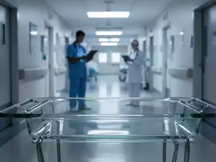 Ein steriler Flur in einer Notaufnahme eines Krankenhauses mit gedimmter, professioneller Beleuchtung. - Foto: über boerse-global.de