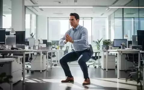 Eine Person macht in einem modernen Büro kurze Kniebeugen neben dem Schreibtisch als Teil einer Bewegungspause. - Foto: über boerse-global.de
