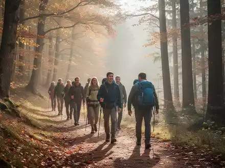 Eine Gruppe von Menschen wandert durch den herbstlichen Pfälzerwald, um das Konzept des Fastenwanderns zu veranschaulichen. - Foto: über boerse-global.de