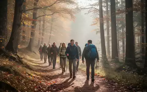 Eine Gruppe von Menschen wandert durch den herbstlichen Pfälzerwald, um das Konzept des Fastenwanderns zu veranschaulichen. - Foto: über boerse-global.de