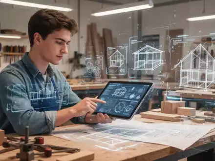 Ein junger Handwerker nutzt ein Tablet zur digitalen Planung in einem modernen Büro einer Werkstatt. - Foto: über boerse-global.de