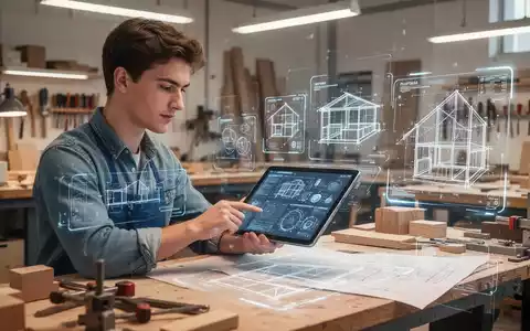 Ein junger Handwerker nutzt ein Tablet zur digitalen Planung in einem modernen Büro einer Werkstatt. - Foto: über boerse-global.de