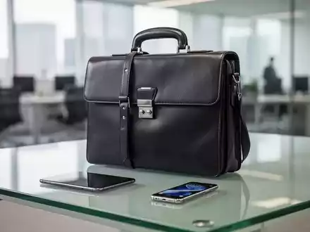 Aktentasche und Smartphone auf einem Schreibtisch in einem modernen Büro als Symbol für Dienstreisen und Arbeitsrecht. - Foto: über boerse-global.de